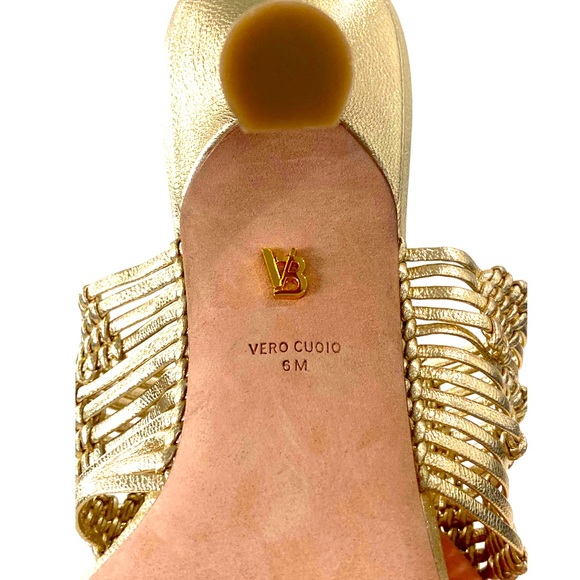 VERONICA BEARD Woven Crochet Leather Heeled Sandals, Gold, Size 6 - Picture 6 of 7